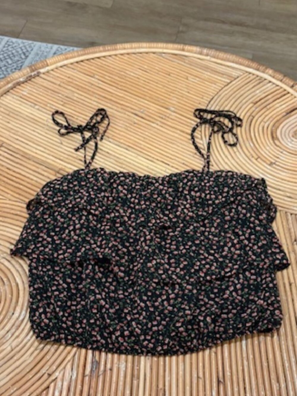 Black flower print tiered tank top with ties